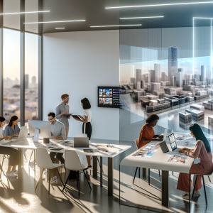 Profesionales usando D5 Render para proyectos de arquitectura en una oficina moderna