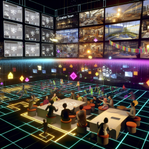 D5 Render y Gather Town en colaboración virtual 3D con grupos de personas interactuando en un entorno digital colorido