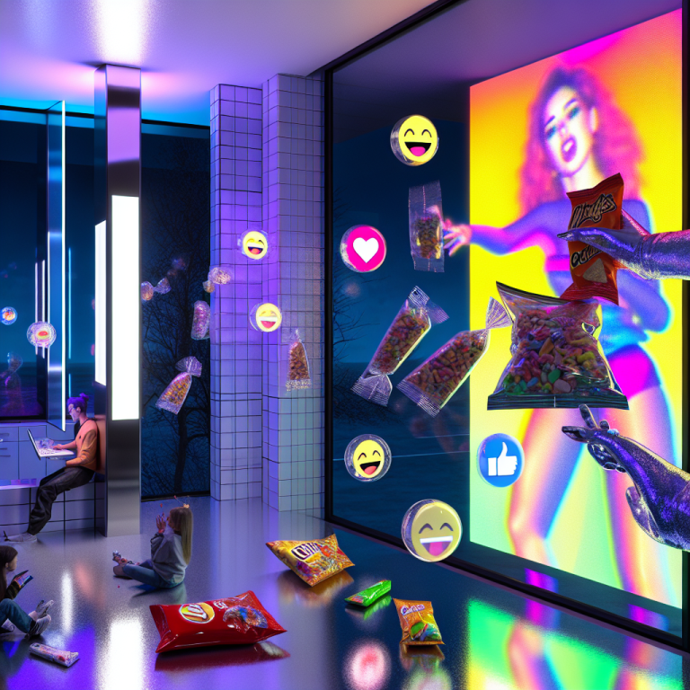 Escena futurista que muestra el impacto de los estímulos supernormales con personas interactuando con pantallas y emojis