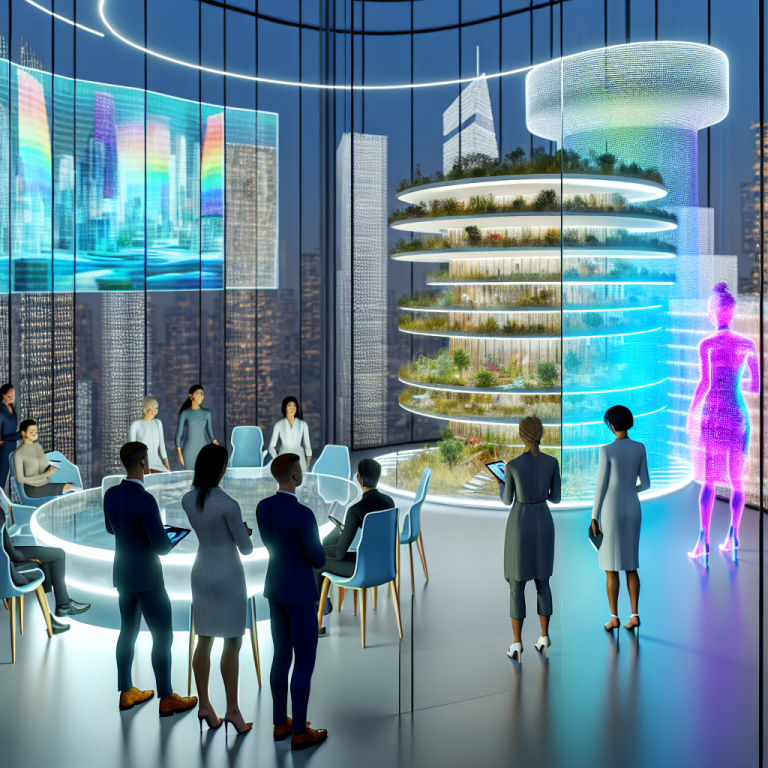 Reunión diversa en oficina futurista destacando inclusión LGBTQ+ en construcción