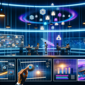 Personas trabajando en un entorno de oficina futurista con tecnologías avanzadas para estrategias efectivas de marketing digital empresarial.