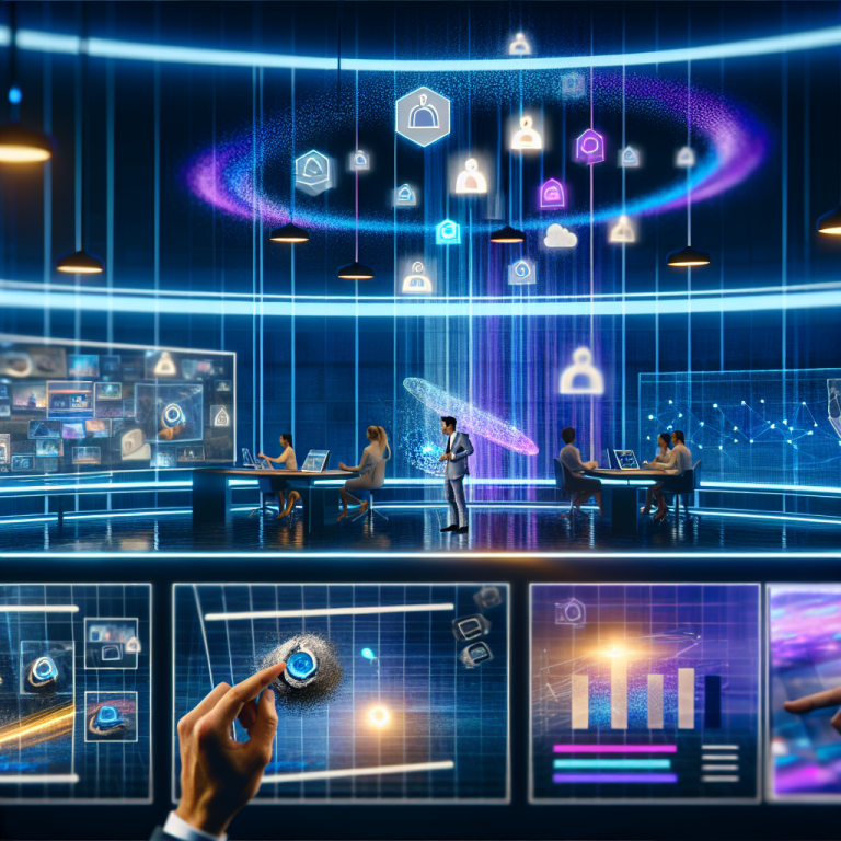 Personas trabajando en un entorno de oficina futurista con tecnologías avanzadas para estrategias efectivas de marketing digital empresarial.