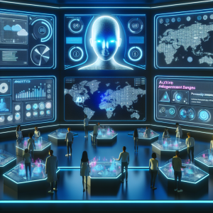 Sala de control futurista con personas analizando datos, optimizando contenido y audiencias