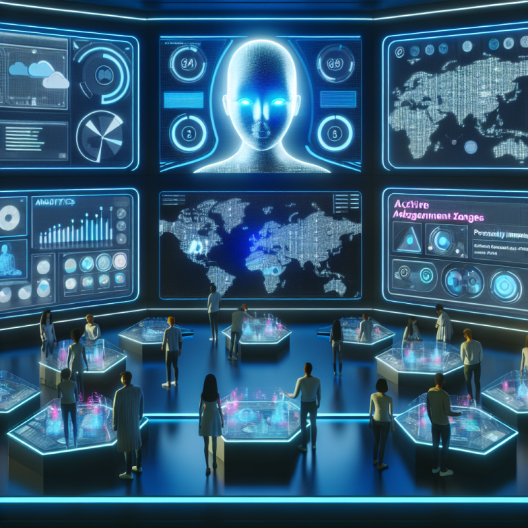 Sala de control futurista con personas analizando datos, optimizando contenido y audiencias