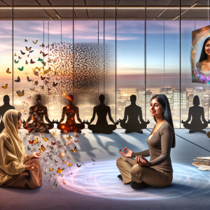 Mujeres practicando meditación para bienestar emocional en la vida cotidiana, con mariposas y fondo urbano