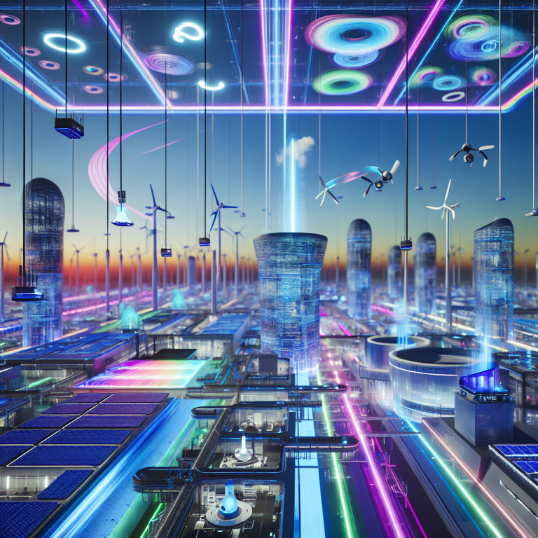 Vista futurista de expansión de infraestructura energética para Google Gemini con turbinas eólicas y tecnología avanzada