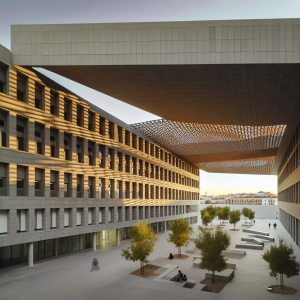 Vista del Campus Arrupe destacando la arquitectura educativa sostenible y moderna