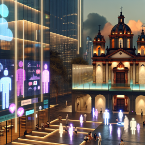 Contraste entre estrategias avanzadas de marketing turístico digital en ciudad futurista y antigua iglesia