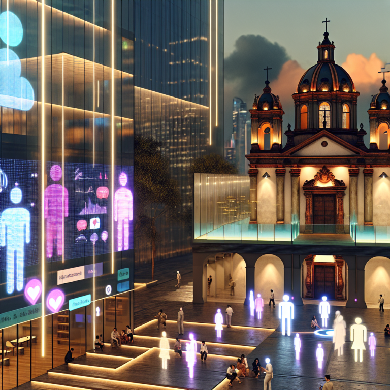 Contraste entre estrategias avanzadas de marketing turístico digital en ciudad futurista y antigua iglesia