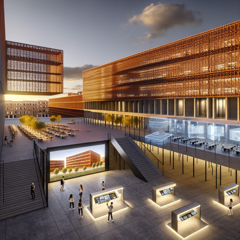 Ejemplo de innovación en la arquitectura sostenible en una plaza moderna al atardecer