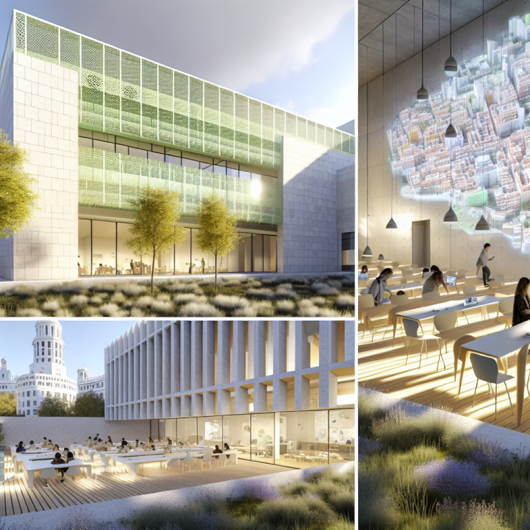 Innovación en arquitectura sostenible educativa con diseño moderno y áreas verdes