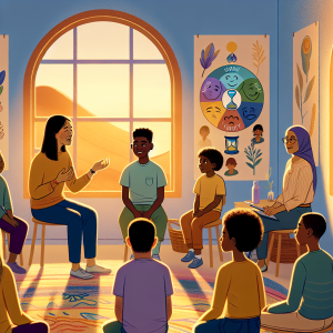 Grupo en sesión de habilidades emocionales esenciales para el bienestar en aula soleada