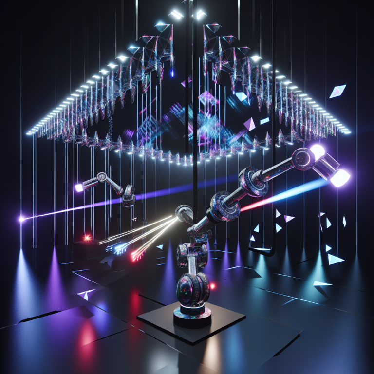 Brazo robótico interactivo del IAAC demostrando robótica artística avanzada en un ambiente futurista con luces