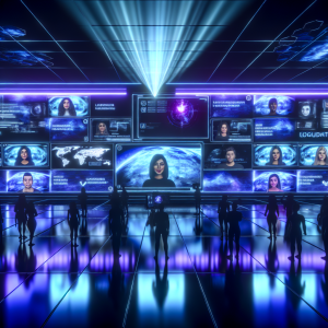 Sala de control futurista con pantallas mostrando herramientas de videos IA