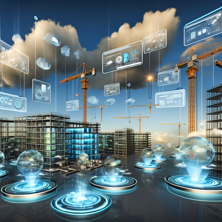 Vista futurista de un proyecto de construcción optimizado con integraciones de Bluebeam, mostrando grúas y edificios rodeados de interfaces digitales