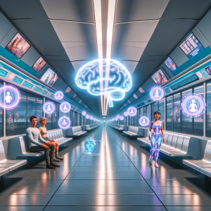 Tren futurista mostrando el impacto en las habilidades cognitivas con un cerebro holográfico