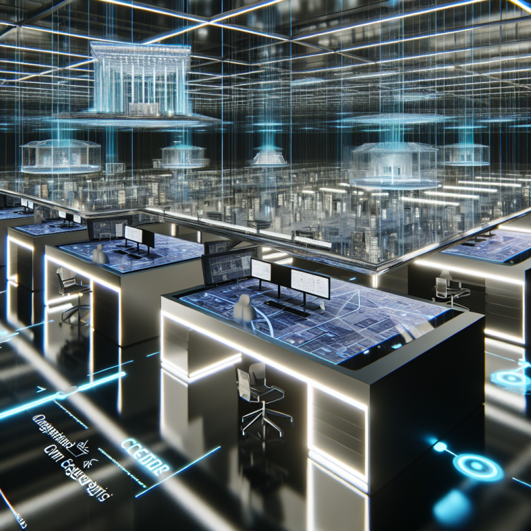 Escritorio con múltiples pantallas en un entorno de oficina futurista, ideal para Lenovo Access y trabajo remoto eficiente.