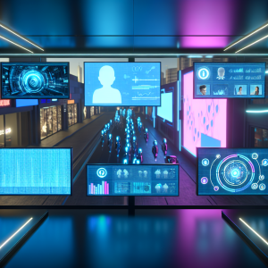 Sala de control futurista con pantallas mostrando datos, ideal para marketing y automatización de tareas repetitivas