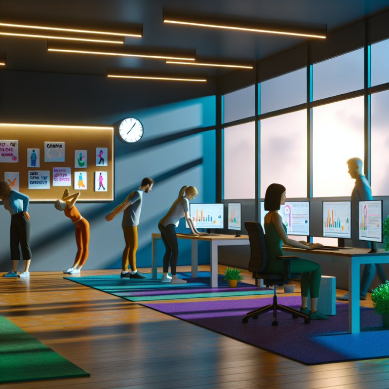 Personas en oficina moderna estirándose para evitar efectos negativos de vida sedentaria