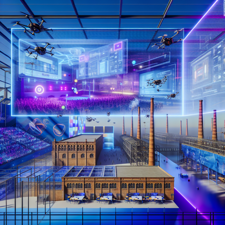 Concepto futurista de planificación urbana y desarrollo sostenible con drones y edificios inteligentes.