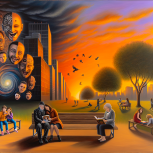 Arte surrealista mostrando cómo el Triángulo Oscuro influye en personalidades diversas en un parque urbano al atardecer.