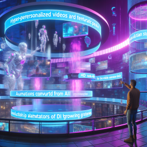 Persona observando avanzada tecnología de creación de videos a partir de texto en ambiente futurista.