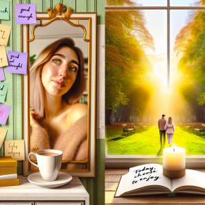 Mujer joven en espejo reflejando tranquilidad y bienestar emocional en ambiente hogareño.