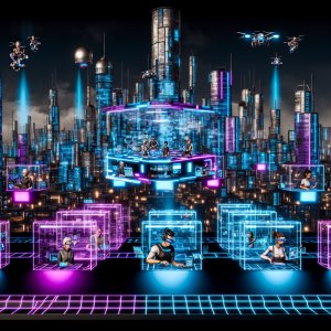 Futurista integración digital en la industria AEC con ciudad virtual y personas usando VR