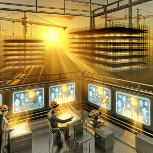 Ingenieros utilizando tecnología avanzada para la construcción digital en la industria AEC al atardecer