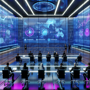 Sala de conferencias futurista discutiendo mejorar la madurez digital de las empresas