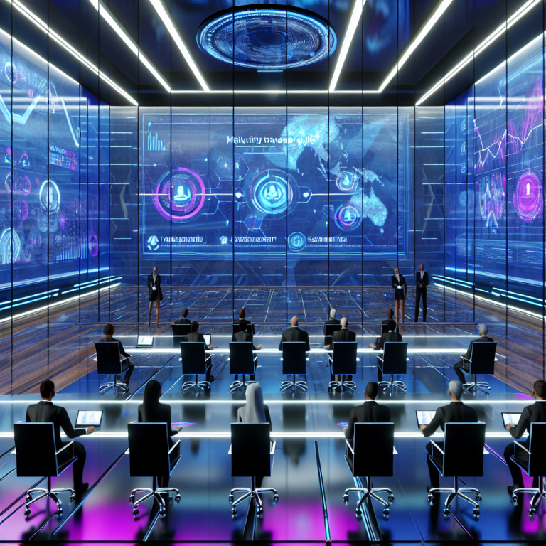 Sala de conferencias futurista discutiendo mejorar la madurez digital de las empresas