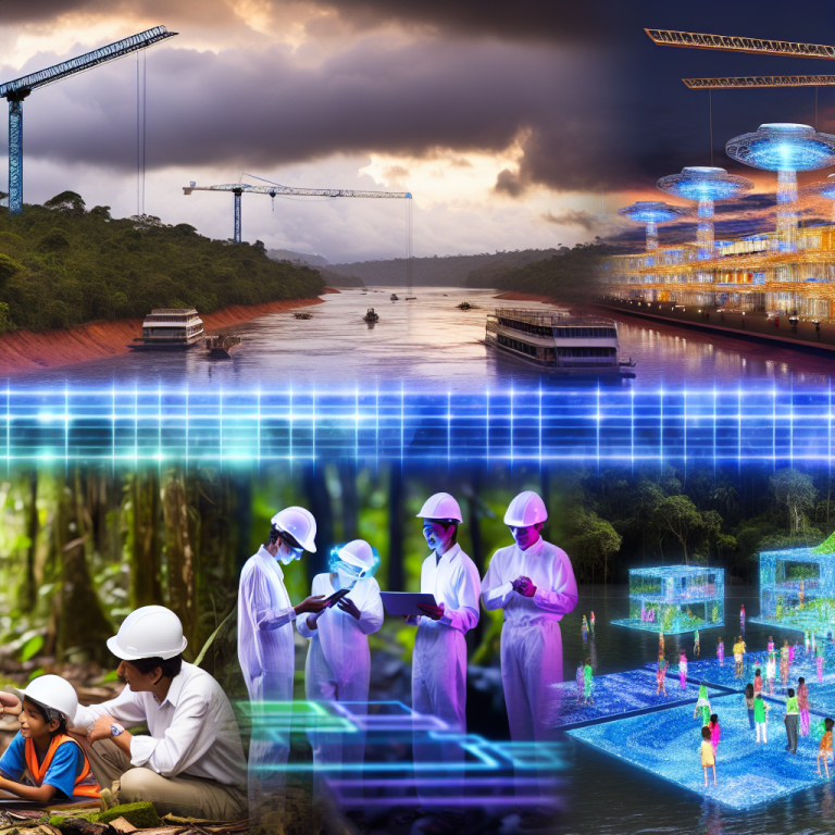 Vista de desarrollo sostenible que muestra los beneficios de Bluebeam en proyectos constructivos, con técnicos y futuristas diseños arquitectónicos.