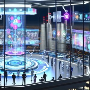 Vista futurística de un showroom de innovaciones tecnológicas en marketing digital con personas y robots