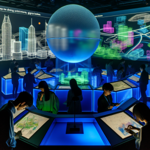 Exposición interactiva en formación avanzada en arquitectura con personas estudiando modelos urbanos