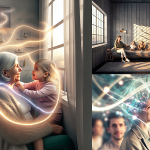 Abuela y nieta conectando a través de la neuro-resiliencia en una sala iluminada