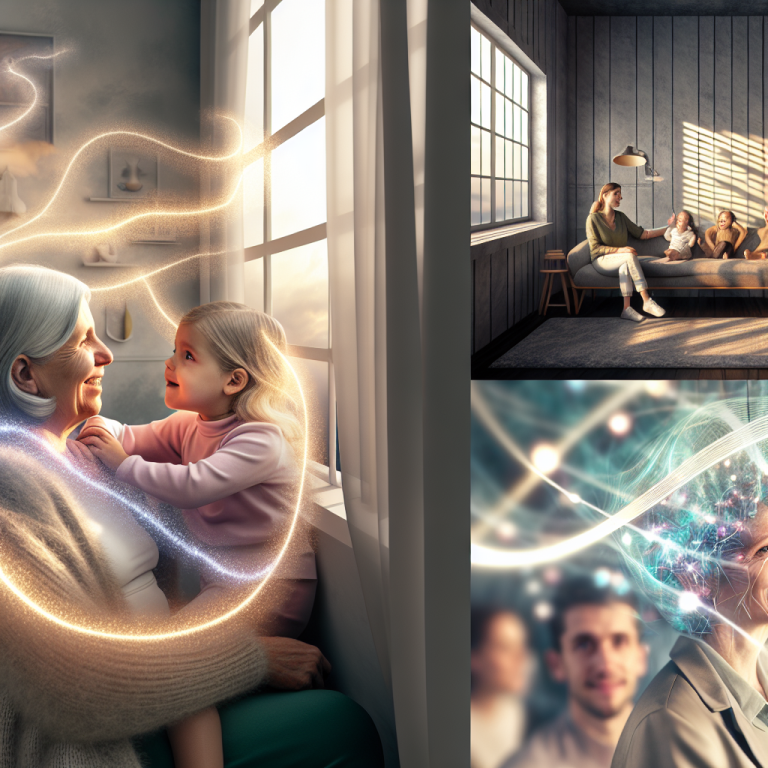 Abuela y nieta conectando a través de la neuro-resiliencia en una sala iluminada