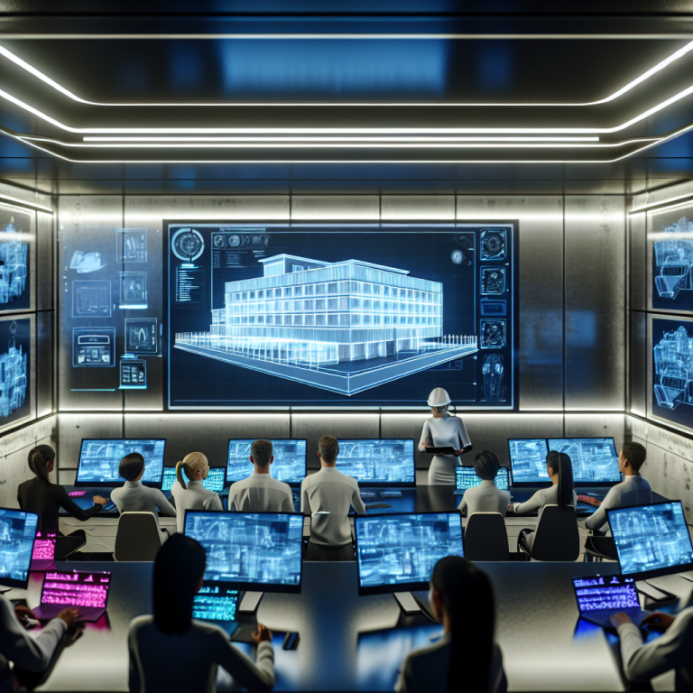 Equipo AEC revisando proyectos integrados en una sala de control futurista