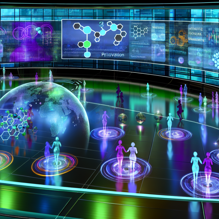 Innovación del marketing farmacéutico con visualizaciones digitales en un centro futurista