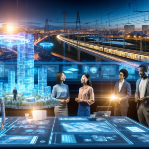 Profesionales discutiendo en mesa de proyectos integrados de construcción digitalizados con ciudad de fondo