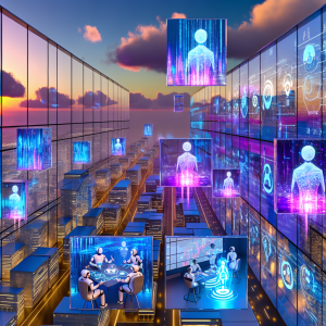 Futuristic representation of conversational artificial intelligence in Europe with holograms and urban landscape