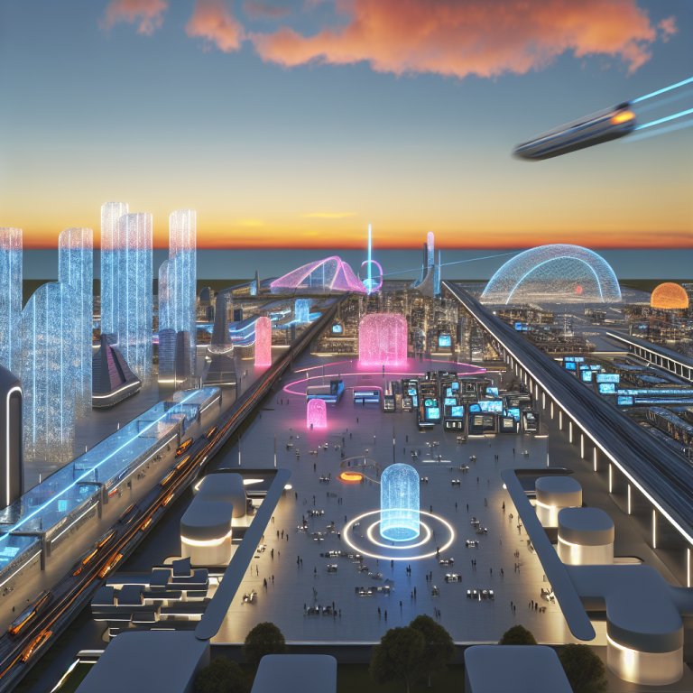 Futurista ciudad con innovaciones en arquitectura avanzada, destacando edificios iluminados y transporte moderno