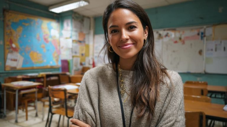 28-year-old Latina pedagogue, smiling in a classroom
